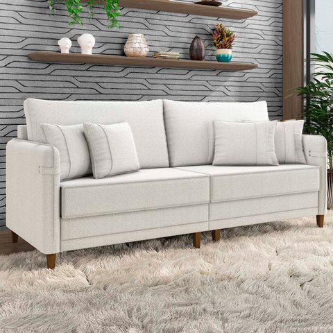 Sofá 3 Lugares Living 232cm Pé Madeira Zoe Boucle Bege Z08 - Mpozenato