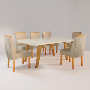Sala de Jantar 160x80 MDF/Vidro 6 Cadeiras de Linho Alba Bom Pastor