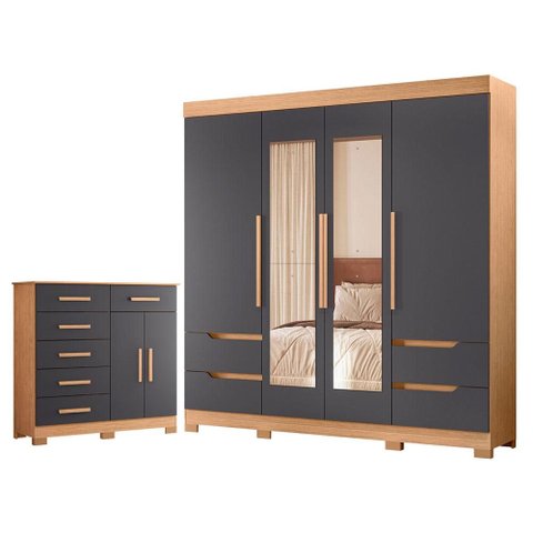 Guarda Roupa Solteiro Vivacce 04 Portas com Espelho e Cômoda Xangai Freijo Titanium - Móveis Albatro