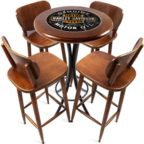 Conjunto Mesa Madeira Azulejo 60cm - Bistrô Fixa 98cm + 4 Banquetas 73 - Natural - Harley Davidson Genuine