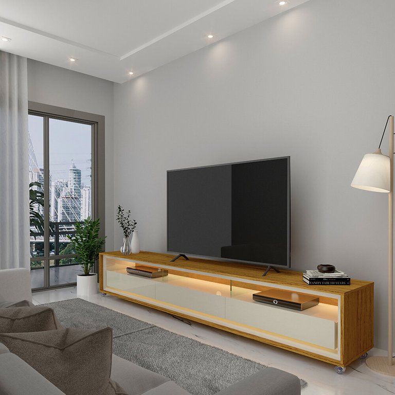 Rack para TV Requinte 212 com LED Rodízios Naturale Off White - Gelius Rack para TV Requinte 212 com LED Rodízios Naturale Off White - Gelius