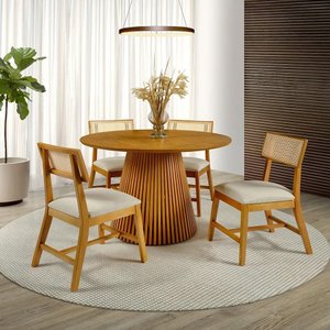Conjunto de Jantar Harmony com Mesa Redonda e 4 Cadeiras de Madeira Maciça Estofadas com Encosto Tel