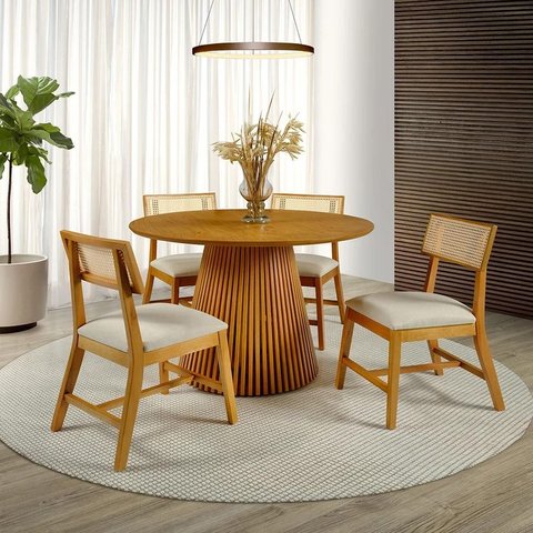 Conjunto de Jantar Harmony com Mesa Redonda e 4 Cadeiras de Madeira Maciça Estofadas com Encosto Tel
