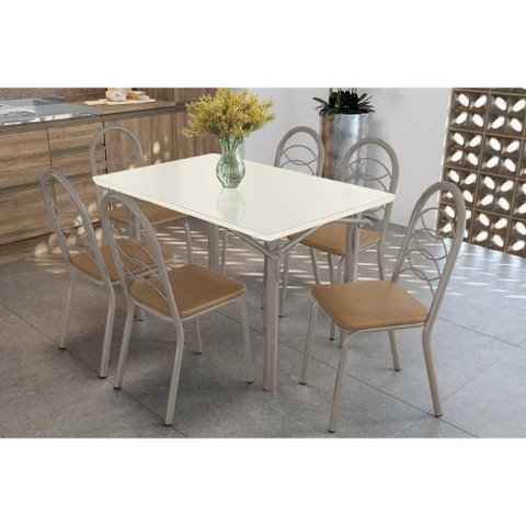 Conjunto: Mesa de Cozinha Elba Tampo Madeirado C/ Vidro 120cm e 6 Cadeiras Holanda Niquel/off White
