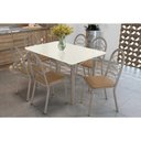 Ver imagem 1 de Conjunto: Mesa de Cozinha Elba Tampo Madeirado C/ Vidro 120cm e 6 Cadeiras Holanda Niquel/off White