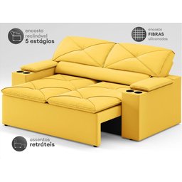 Sofá com Porta Copos Retrátil e Reclinável Pop 1,54m Velosuede Canario - Netsofas - 3