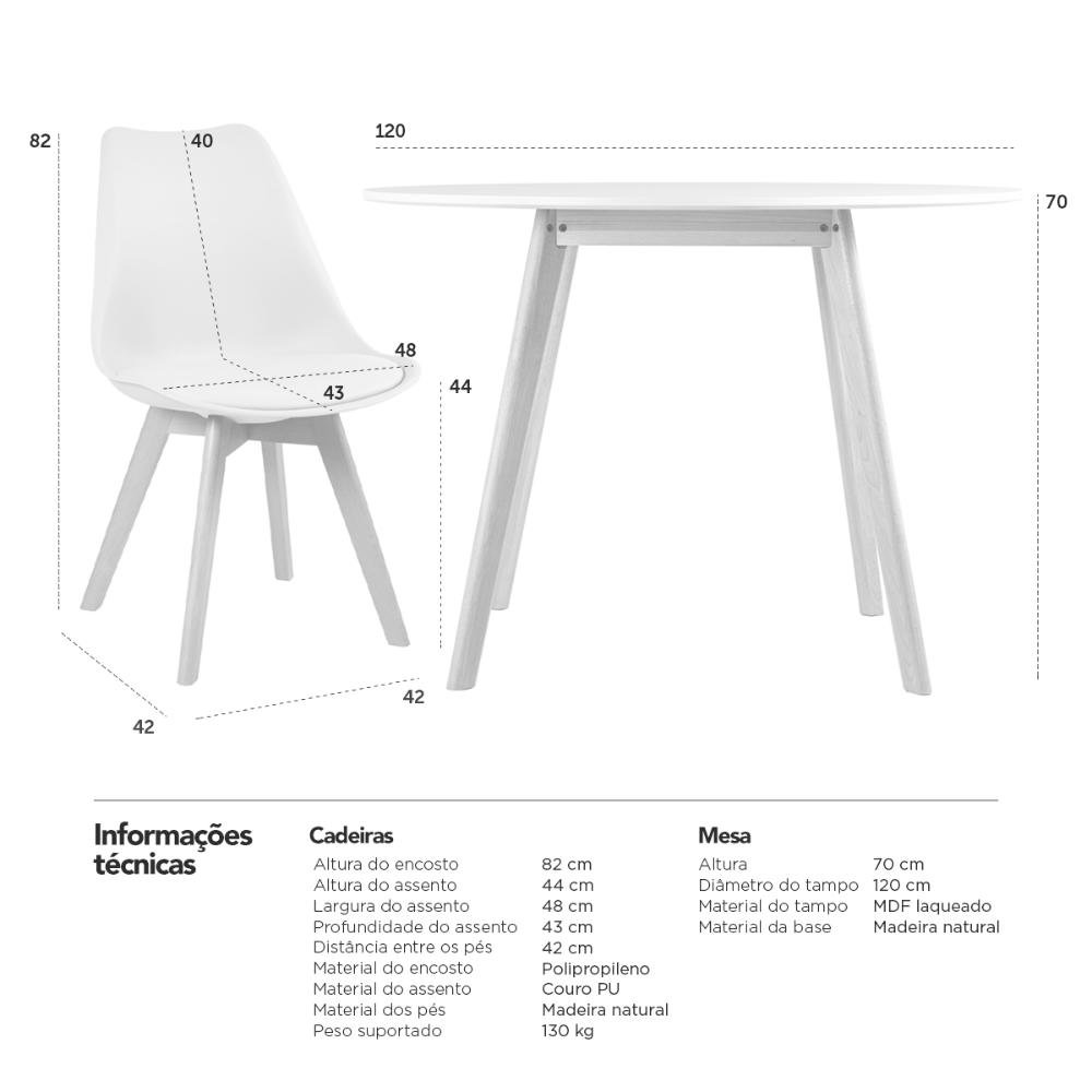 KIT - Mesa de jantar redonda branco 120 cm + 4 cadeiras estofadas Leda Branco - 6