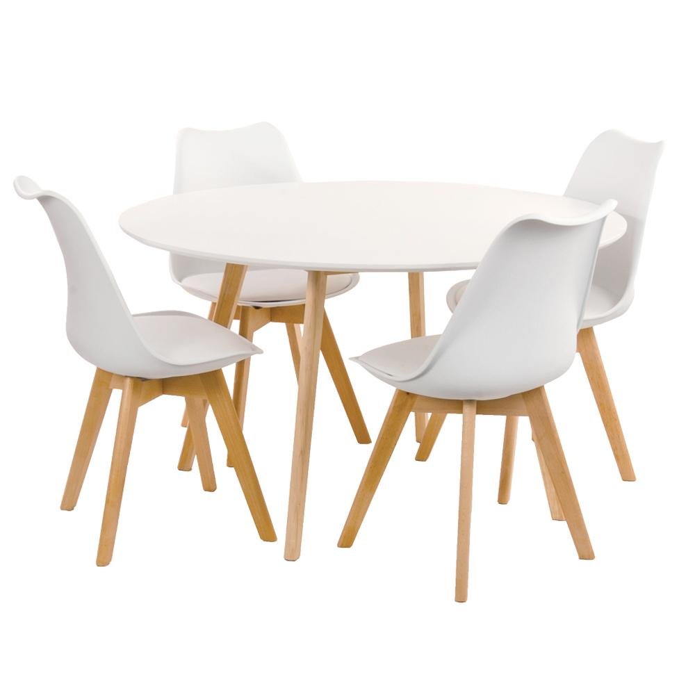 KIT - Mesa de jantar redonda branco 120 cm + 4 cadeiras estofadas Leda Branco