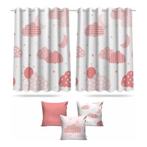 Kit Cortina + 3 Capas Almofadas Infantil Nuvem Rosa Mod 04