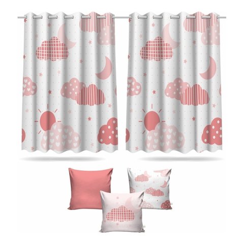 Kit Cortina + 3 Capas Almofadas Infantil Nuvem Rosa Mod 04