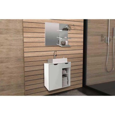 Kit de Banheiro Armário Bn3608 e Balcão Suspenso Bn3605 Ccuba Pia Bn3600 60cm Branco Tecno Mobili