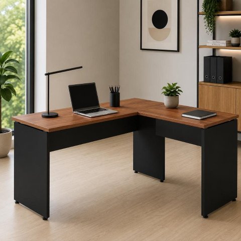 Mesa Escrivaninha em L 135cm x 150cm Pés Painel F5 Office Cor:Nogal com Preto