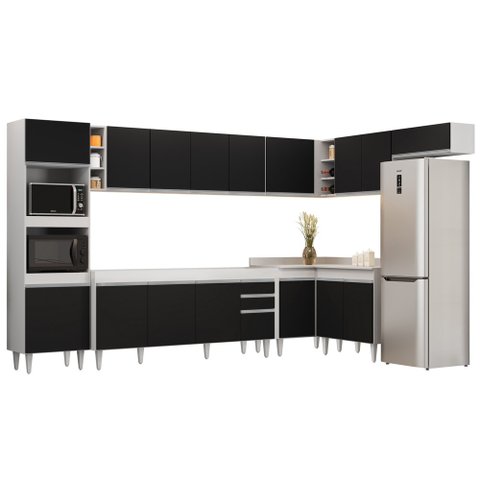 Armário de Cozinha Modulada de Canto 9 Peças CP04 Balcão Branco/Preto - Lumil Lumil Móveis