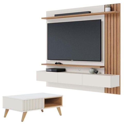 Painel para Tv Home Suspenso Juriti Off White Matte Freijó com Mesa de Centro Jeri Off White Freij