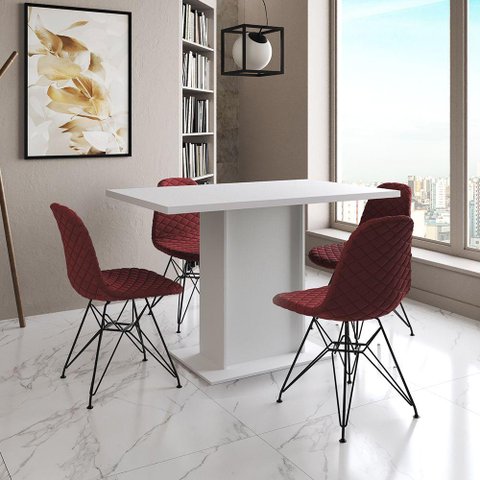 Mesa Jantar Londres Tampo Branco 120cm 4 Cadeiras Ferro Preto Estofado Vermelho