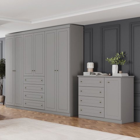 Conjunto Quarto Casal Guarda Roupa 6 Portas e Cômoda 4 Gavetas Amy Casa 812