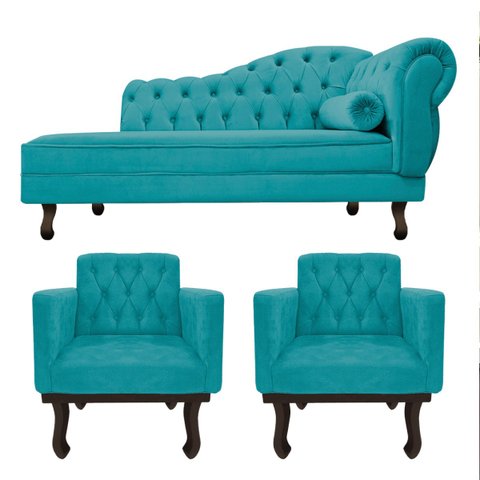 Kit Diva Recamier Diana 160cm Lado Esquerdo e 02 Poltronas Classic Suede Azul Turquesa - ADJ Decor