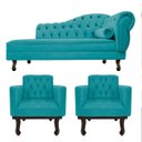 Ver imagem 1 de Kit Diva Recamier Diana 160cm Lado Esquerdo e 02 Poltronas Classic Suede Azul Turquesa - ADJ Decor