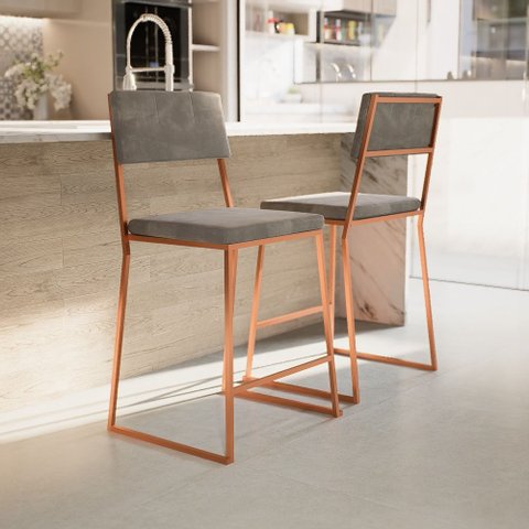 Kit 3 Banquetas Média Balcão Estofada com Encosto Rose Gold Suede Dubai