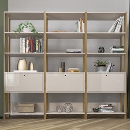 Conjunto Estantes para Livros Match 3 Portas Basculantes 9 Prateleiras Off White/Carvalho - Pnr Móve - 1