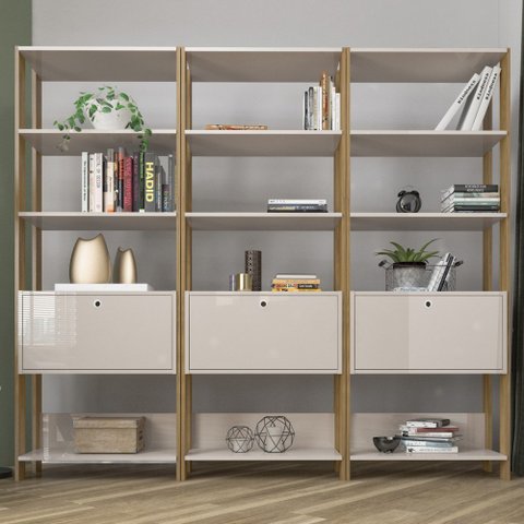 Conjunto Estantes para Livros Match 3 Portas Basculantes 9 Prateleiras Off White/Carvalho - Pnr Móve