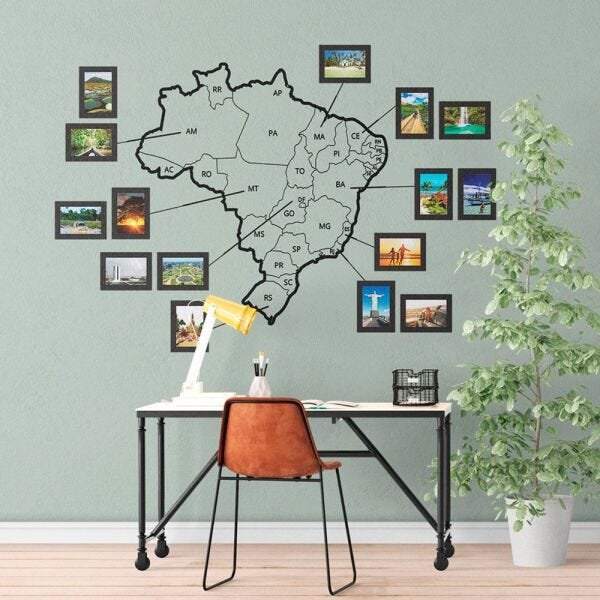 Mapa do Brasil com molduras em PS 2mm - 83x86cm - Preto - 1