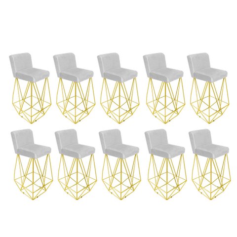 Kit 10 Banqueta Alta Com Encosto Loki Cozinha Bar Balcão Bistrô Ferro Dourado Corino Branco -