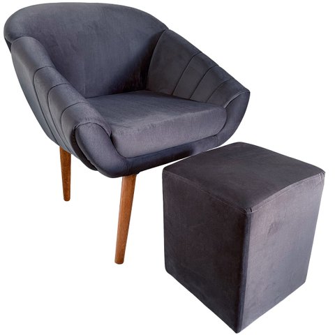 Kit Poltrona Giovana Puff Quadrado e Almofadas em Sued Premium: Cinza Pés Madeira Claro