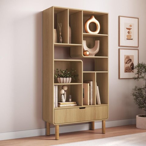 Estante Livreiro Home Office Orgânica 1 Gaveta 90cm Nordic A03 Hanover Roble - Lyam Decor