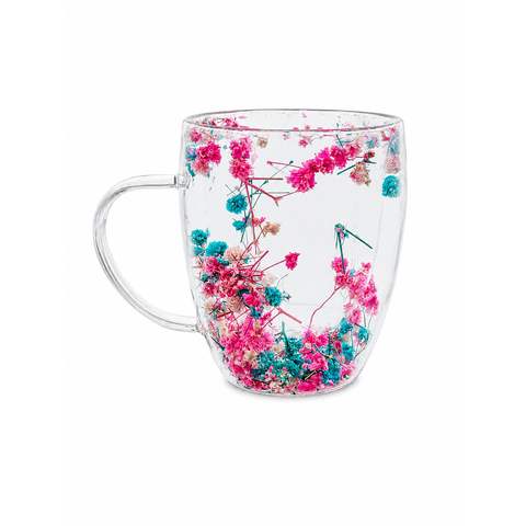 Caneca de Vidro com Flores 350ml Dupla Parede Colorida Decorativa Elegante para Design Moderno e Del