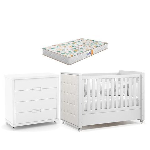 Berço Americano com Capitonê New Boucle e Cômoda Gaveteiro Infantil Tutto New Branco Acetinado e Col