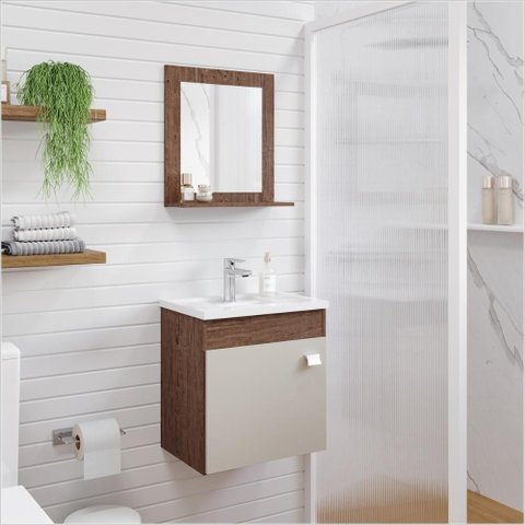 Armário Gabinete e Espelheira P/ Banheiro 1pt Iris 44cm Amêndoa Off White Mgm Móveis