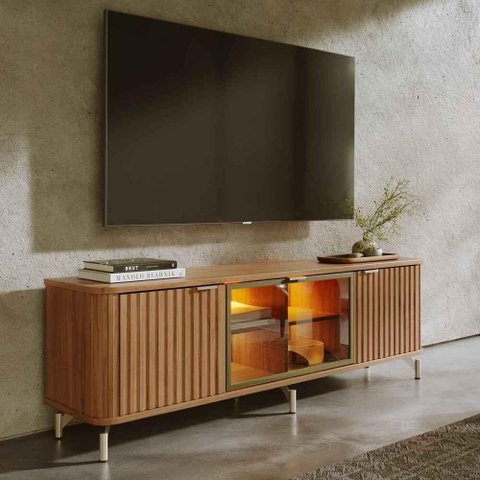 Rack para TV até 75” 3 Portas Vidro Reflecta e LED Interno Neon Float 169cm - Canella c/ Champanhe