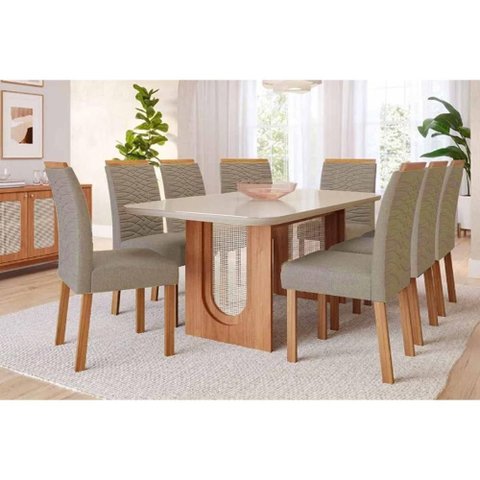 Conjunto Mesa Valentina C/ Tampo Madeirado C/ Vidro 210x100cm e 8 Cadeiras Clarice Cinamomo/off