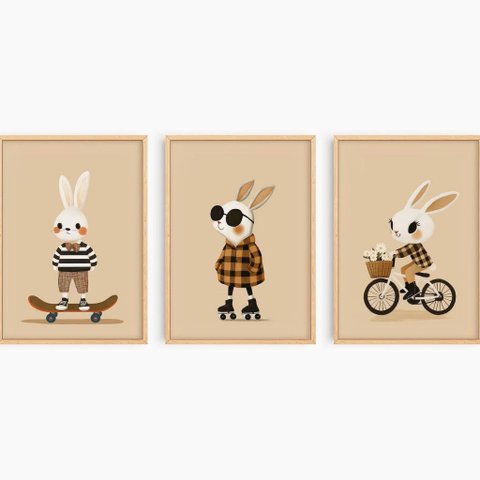 Kit 3 Quadros Decorativos Infantil - Coelhinhos Radicais NO2 - 30x40 - Moldura Madeira