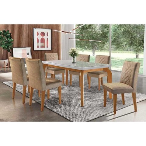 Sala de Jantar Completa Londrina C- Tampo Madeirado Vidro Canto Curvo 180x90cm e 6 Cadeiras Jade