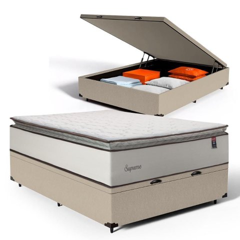 Cama Box Baú com Colchão de Molas Ensacadas Pillow Top Supreme Lux Casal 138cm