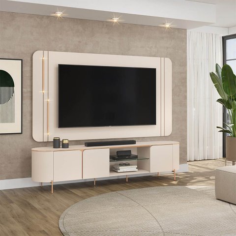 Painel TV até 75'' Orgânico 241cm Bancada Pé Metal Dourado Jolie Off White D04 - D'Rossi