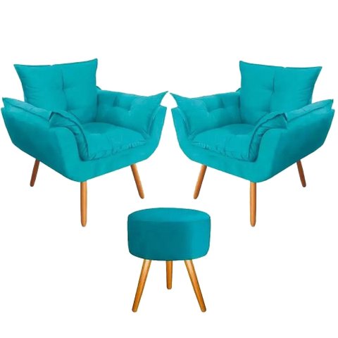Conjunto 2 Poltronas Decorativas Opala e 1 Puff Redondo Pés Palito Suede Ulisses Decor:Azul Tiffany
