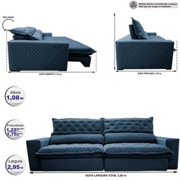 Sofá Retrátil e Reclinável 2.95m Molas Ensacadas Cama inBox Spazus com Bordado 3D Velusoft Azul - 2