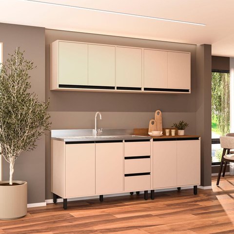 Cozinha Koya 4 Peças 200x214cm Armários Aéreos Balcões com 3 Gavetas Creme 250028