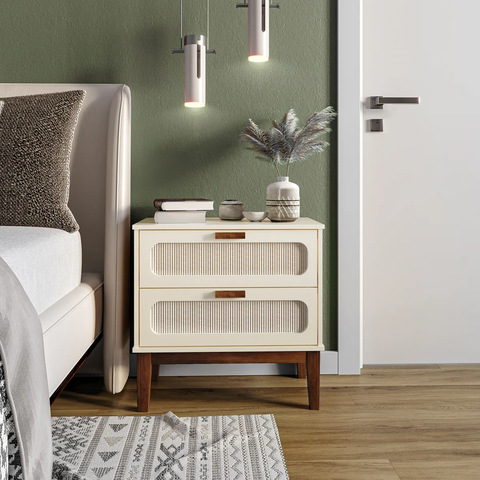 Mesa de Cabeceira Santorini 60cm Apoio Auxiliar Quarto Madeira com Tela Indiana:off White