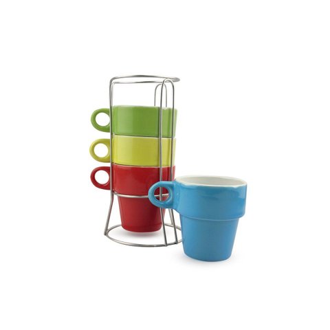 Conjunto 4 Xícaras p/ Chá e Café 210ml Empilhável Colorida com Suporte em Metal Torre de Canecas