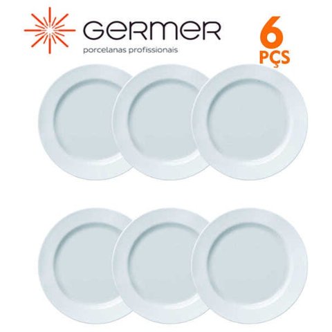 Jogo 6 Pratos Rasos 1ª Linha Capri Porcelana Branca Germer 25 cm