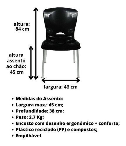 6 Cadeiras Plástico Pés Alumínio Encosto Ergonômico 140 Kg:Preto - 3