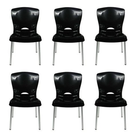 6 Cadeiras Plástico Pés Alumínio Encosto Ergonômico 140 Kg:Preto