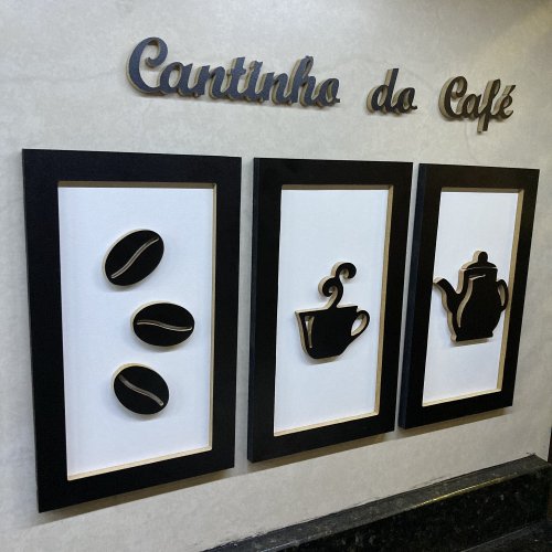 Quadro Decorativo Alto Relevo Hora Do Café Em Mdf Preto 1324
