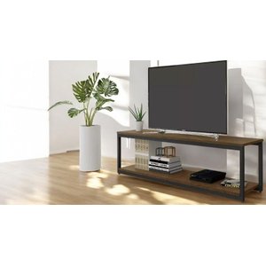 Rack Estilo Industrial Aço e Madeira Sala Marrom Base Preta