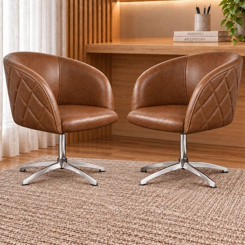 Kit 2 Poltronas Giratória Corino Premium Base Alumínio Maya