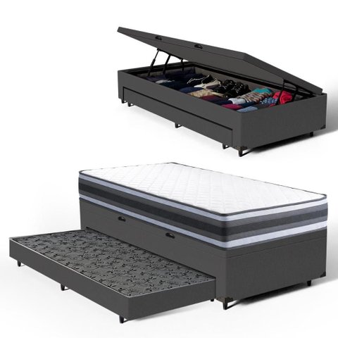 Cama Box Baú com Colchão de Espuma D45 Double Face Territory Hellen + Auxiliar Solteiro 88cm